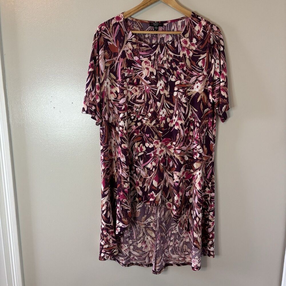 Cocomo Woman Tunic Top Purple Maroon Floral Liquid Knit Blouse Travel Sz 1X